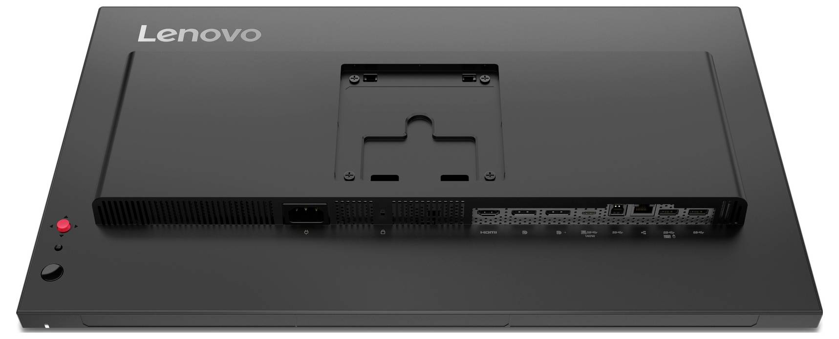 Rückansicht eines flachen Lenovo-Monitors mit Ständerhalterung, Lüftungsöffnungen, Netzschalter und Eingabeanschlüssen.