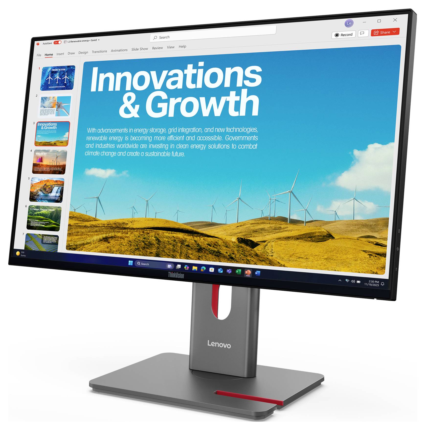 Lenovo-Monitor zeigt eine Präsentationsfolie mit dem Titel „Innovationen & Wachstum