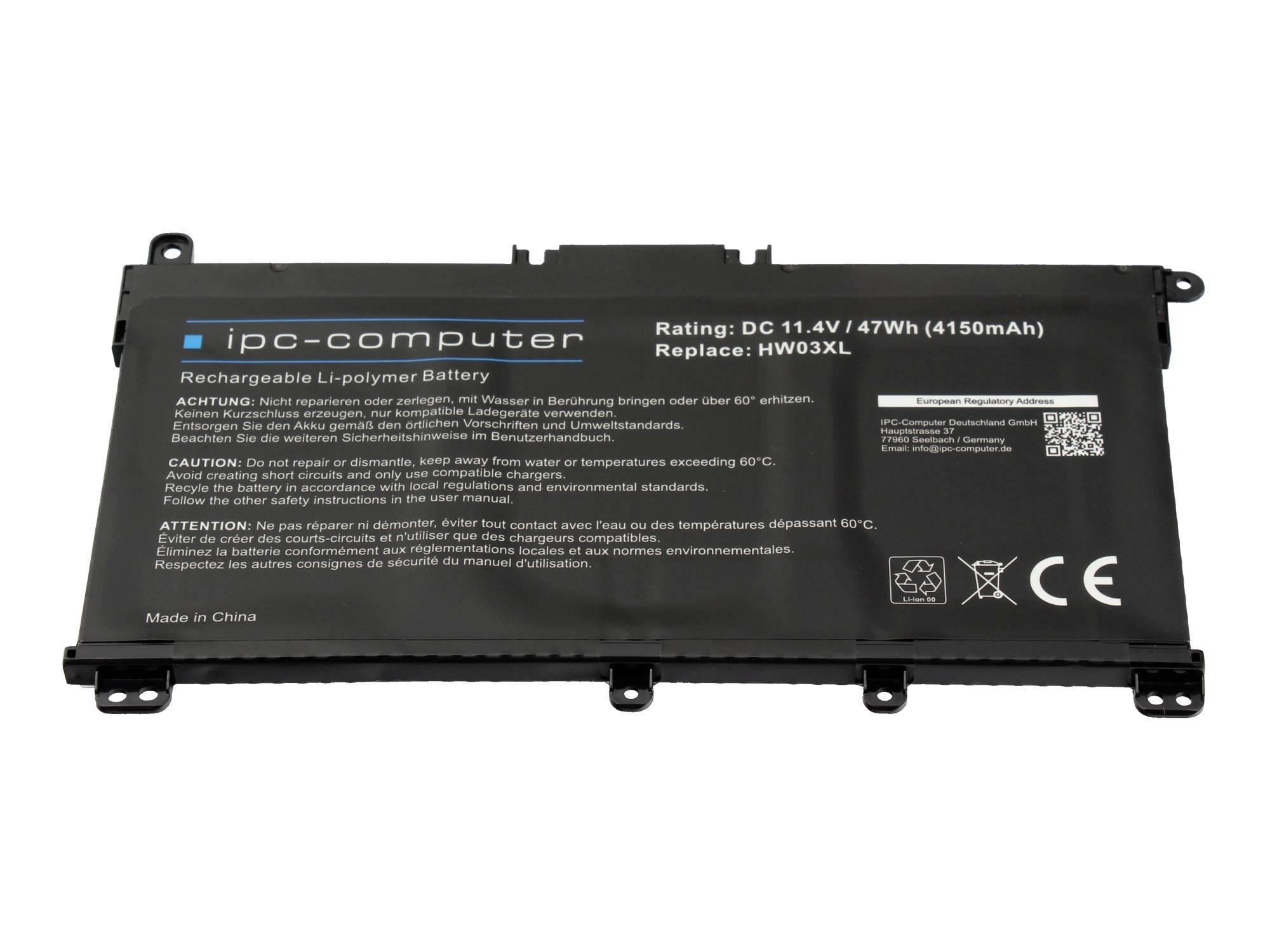 Schwarzer iPC-Computer wiederaufladbarer Lithium-Polymer-Akku, bezeichnet als 11,4V 47Wh (4150mAh) und Ersatzmodell HW03XL.