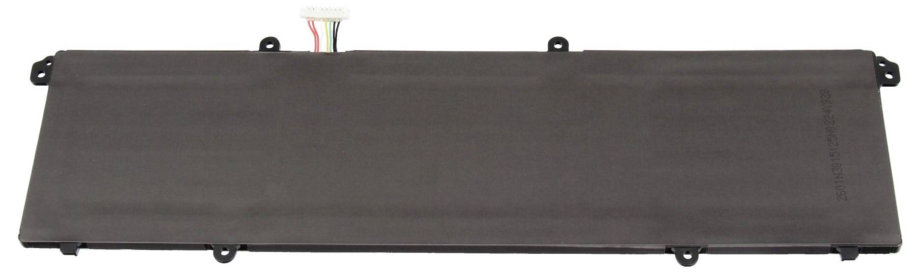 Längliches rechteckiges schwarzes Laptop-Akkupack, isoliert auf weißem Hintergrund dargestellt, mit sichtbaren Montagelaschen und Anschlussdrähten.