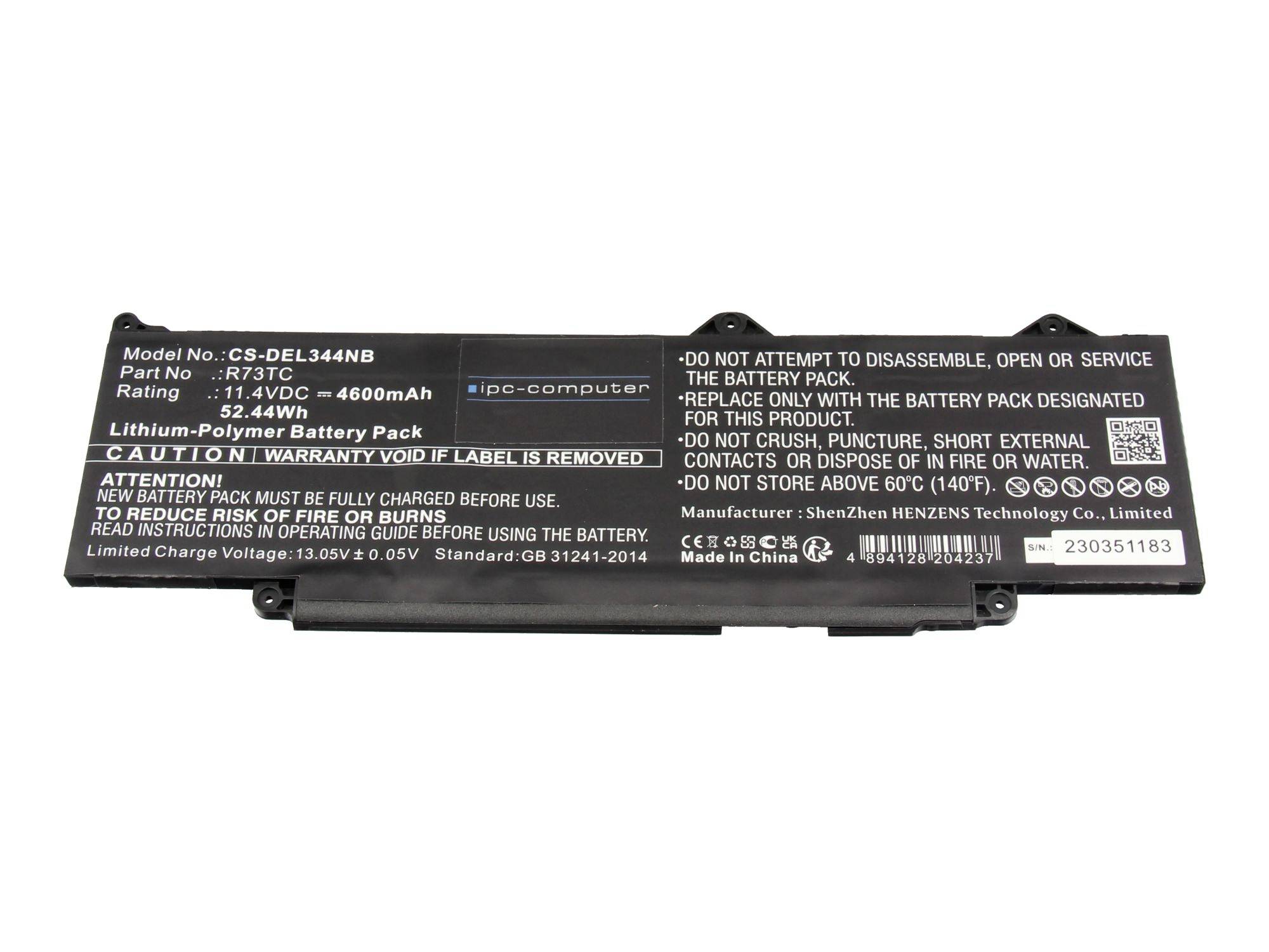 Schwarzes Lithium-Polymer-Akkupack-Etikett mit Modell CS-DEL344NB, 11,1V 44Wh, mit Sicherheitswarnungen und Herstellerangaben.