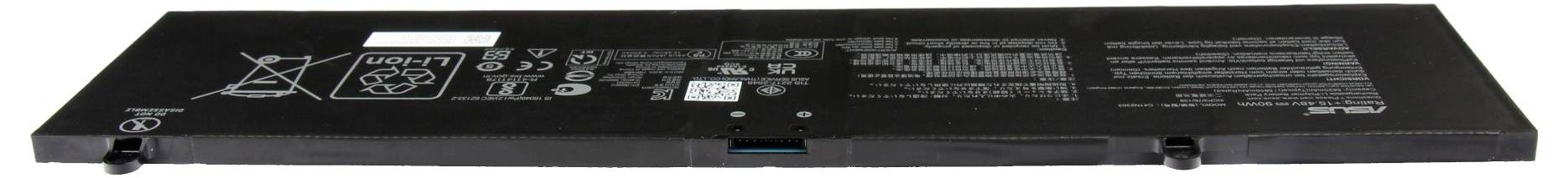 Draufsicht auf ein langes schwarzes elektronisches Gerät, wahrscheinlich ein Akkupack, mit gedruckten Warnetiketten und Anschlussanschlüssen an der Vorderkante.