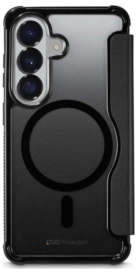 Schwarze Smartphone-Hülle mit integriertem kreisförmigem MagSafe-ähnlichem Ring und erhöhtem Kameraverschutz auf der silbernen Telefonrückseite.