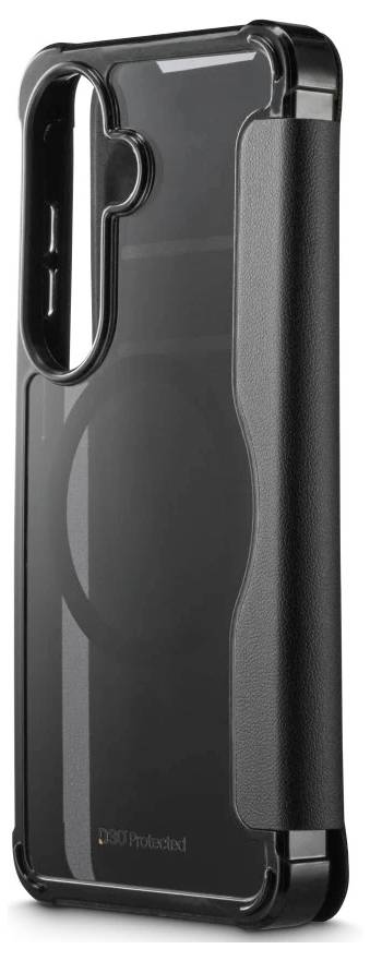 Schwarze Smartphone-Schutzhülle mit durchsichtiger Rückseite, erhöhtem Kameraausschnitt und Seitengripabdeckung, vor weißem Hintergrund dargestellt.