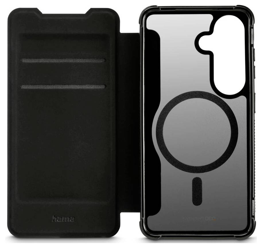 Schwarze Smartphone-Klapphülle, geöffnet gezeigt, mit einer Rückseite mit kreisförmigem MagSafe-ähnlichem Ring und Kameraausschnitt.
