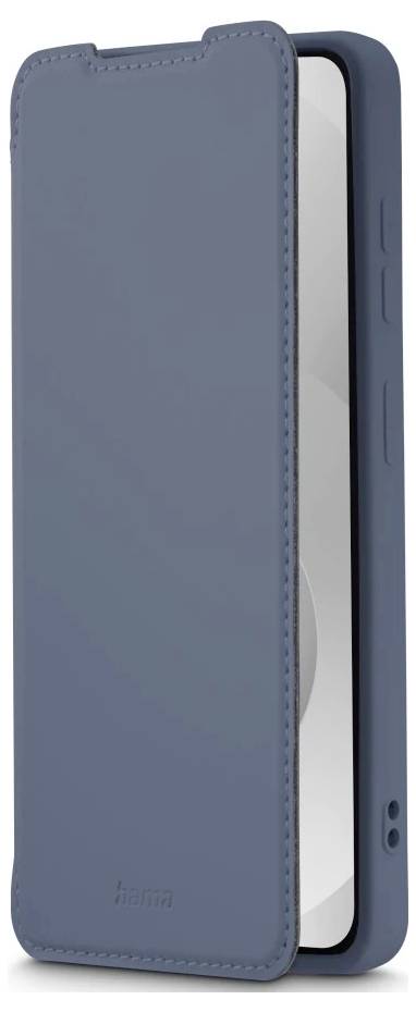 Blaue Smartphone-Flip-Schutzhülle mit geschlossenem Frontdeckel, zeigt eine schützende Hartschalen-Handyhülle und Kameraausschnitte auf der Rückseite.