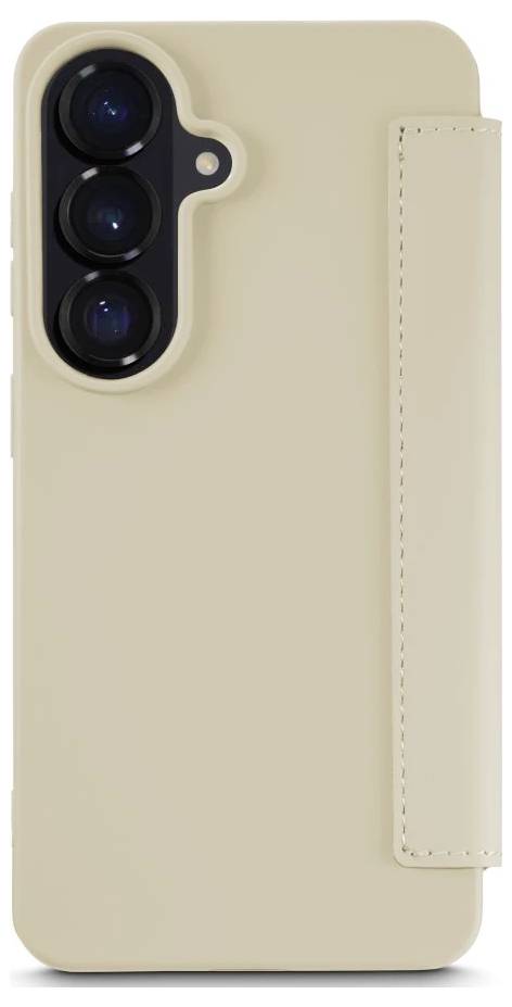 Beige Smartphone Folio-Schutzhülle mit dreifachem Kameraausschnitt auf der Rückseite und magnetischem Seitenriemen
