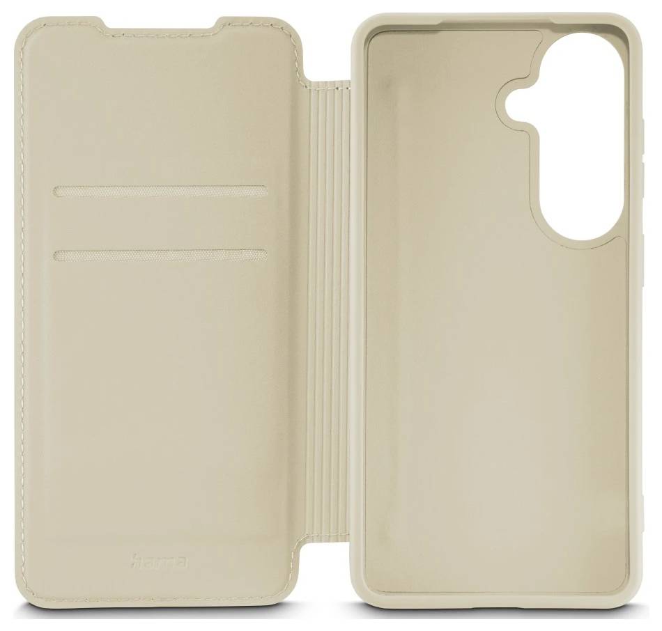 Beige Smartphone-Klapphülle mit Kartensteckplätzen auf der linken Seite und einer geformten Handyhülle auf der rechten Seite, offen vor weißem Hintergrund gezeigt.