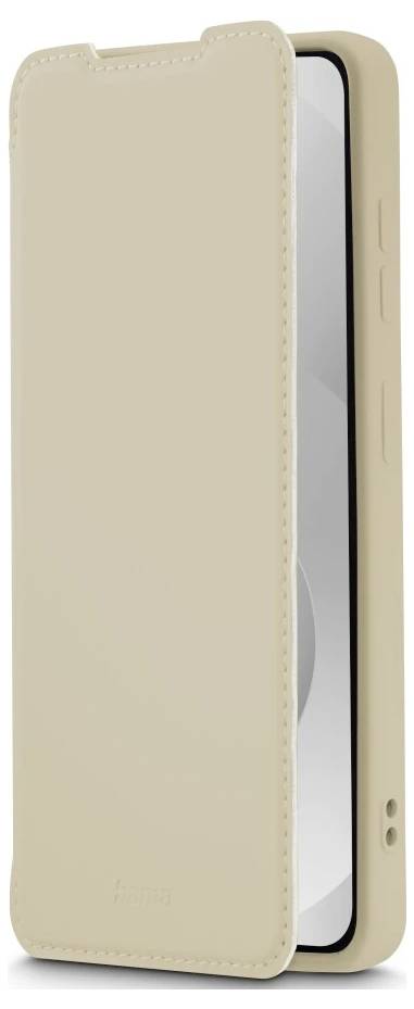 Beige Smartphone-Hülle im Folio-Stil mit geöffnetem Frontdeckel, das Telefonbildschirm und Seitentasten zeigt.