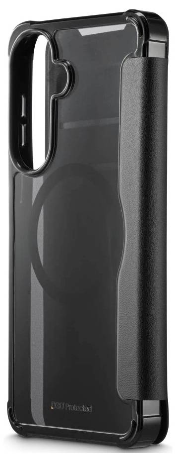 Schwarze Smartphone-Schutzhülle mit durchsichtigem Rückseite, erhöhtem Kameraausschnitt und angebrachtem seitlichem Griff oder Deckel auf weißem Hintergrund
