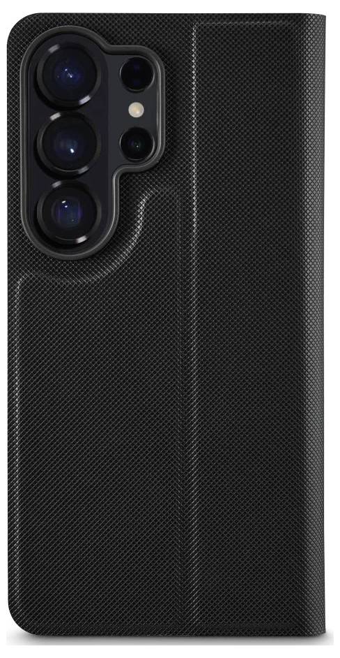 Schwarze Smartphone-Hülle mit strukturierter Oberfläche und erhöhter Aussparung für ein Multi-Linsen-Kameracluster auf der Rückseite.
