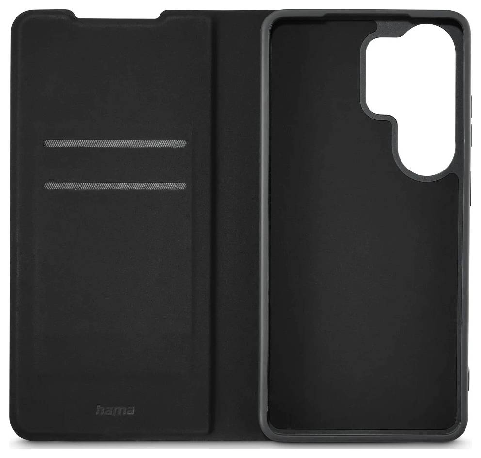 Schwarze Smartphone-Flip-Hülle mit Vorderseite, Kartenfächern und großem Kameraausschnitt.