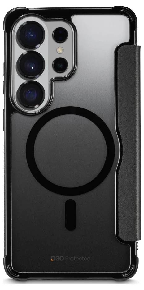 Schwarze Smartphone-Hülle mit magnetischem Ring und Kameraausschnitt, von hinten auf hellem Hintergrund gezeigt.