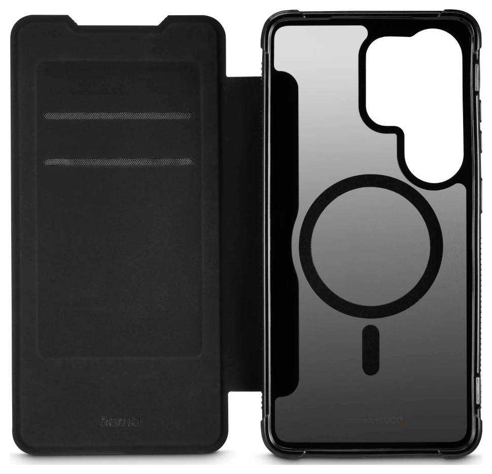 Schwarze Smartphone-Folio-Hülle geöffnet dargestellt, mit vorderer Abdeckung auf der linken Seite und transparenter magnetischer Rückseite auf der rechten Seite, mit Kameraausschnitt und kreisförmigem Ringdesign.
