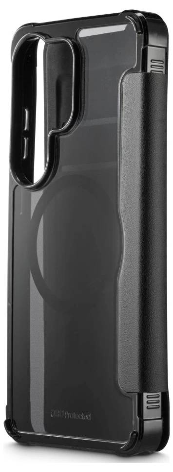 Schwarze Schutzhülle für Smartphone mit transparenter Rückseite und erhöhten Seitengriffen, von hinten auf schllichtem Hintergrund dargestellt