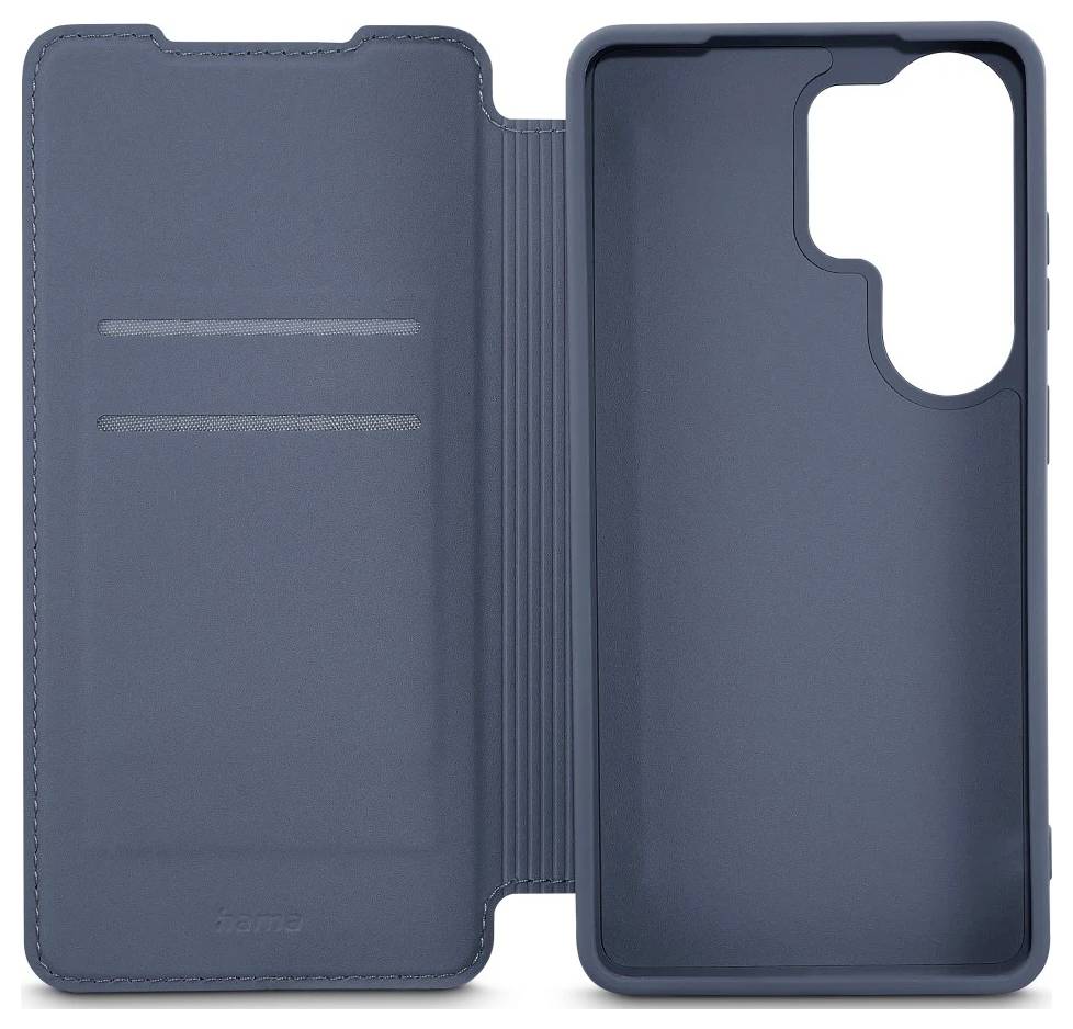 Dunkelblauer Folio-Handyetui offen flach liegend, mit Kartensteckplätzen auf der linken Seite und einer großen Aussparung für die rückseitige Kamera auf der rechten Seite.