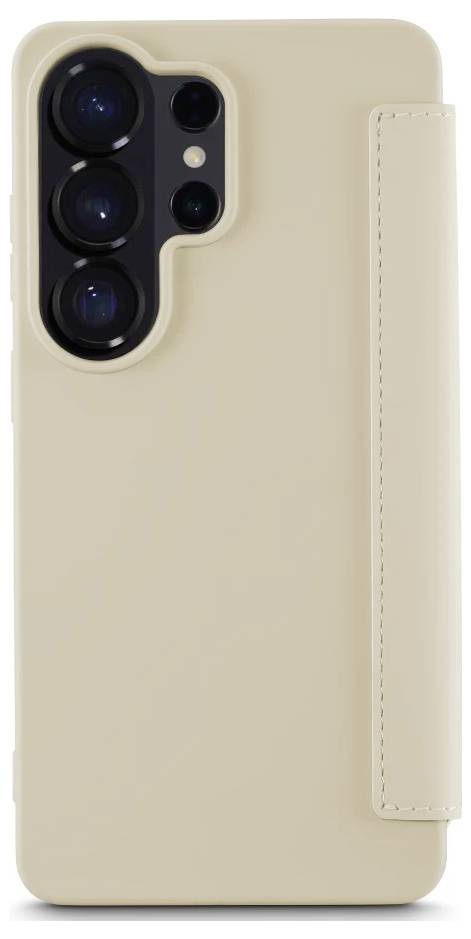 Beige-farbige Smartphone-Hülle mit vertikalem Seitengriff und erhöhter Aussparung für ein Dreifach-Kameramodul.