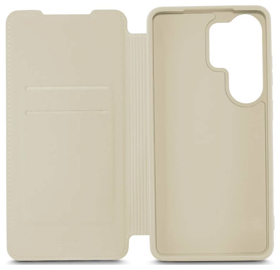 Beige aufklappbare Handyhülle flach ausgebreitet, mit Kartensteckplätzen auf der einen Seite und einer Kameraaussparung auf der anderen Seite.