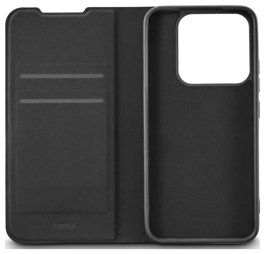 Schwarze Smartphone-Schutzhülle im Folio-Stil mit Frontabdeckung und erhöhter Kameraöffnung auf der Rückseite.