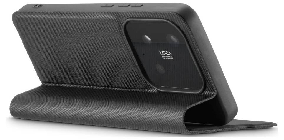 Schwarze Ledertasche im Faltdesign für Telefone mit integrierter Rückseite für Kameraausschnitt und „LEICA