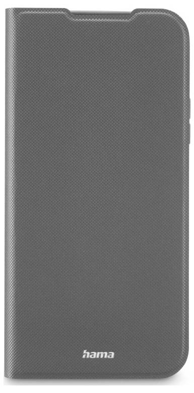 Grauer strukturierter Hama Folio-Handyhülle mit abgerundeten Kanten und Frontdeckel, geschlossen auf weißem Hintergrund dargestellt.