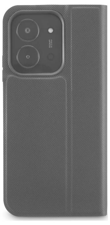 Rückansicht eines Smartphones in einem strukturierten grauen Gehäuse, das ein Dual-Kamera-Modul und einen Blitz in der Nähe der Oberseite zeigt.