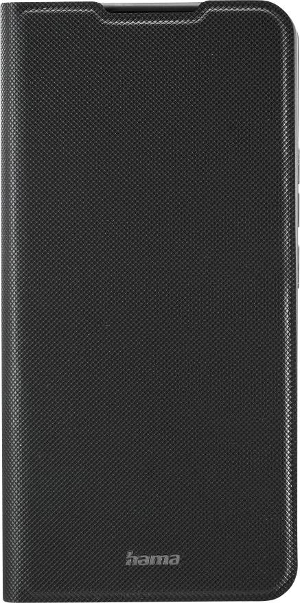 Schwarze strukturierte Hama-Tablet-Schutzhülle mit abgerundeten Ecken und Verschluss mit Klappe auf der rechten Seite, Vorderansicht.