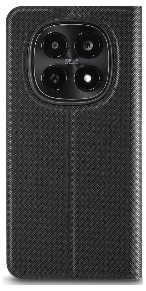 Rückseite eines schwarzen Smartphones mit strukturierter Hülle und einem großen quadratischen Vier-Kamera-Modul in der Nähe der Oberseite.