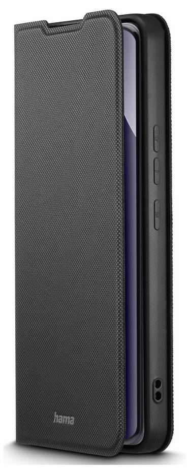 Schwarze Hama Smartphone-Schutzhülle mit strukturierter Vorderseite, teilweise geöffnet, um das Telefon im Inneren und die Seitentasten-Ausschnitte zu zeigen.