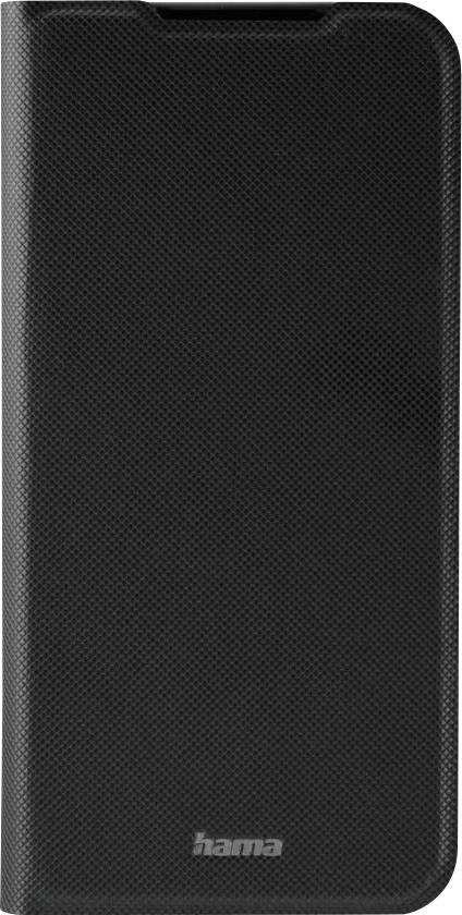 Schwarze strukturierte Hama-Handyhülle oder Foliocover mit abgerundeten Ecken und subtlem Logo am unteren Rand