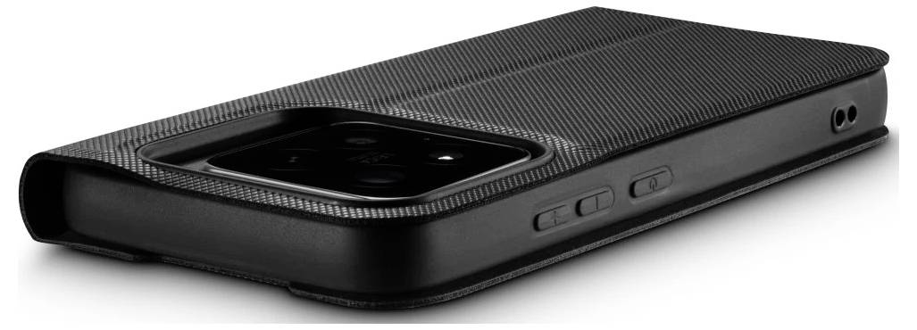 Schwarze strukturierte Smartphonehülle in geneigter Seitenansicht, mit großem Kameraausschnitt auf der Rückseite und Öffnungen für Seitentasten.