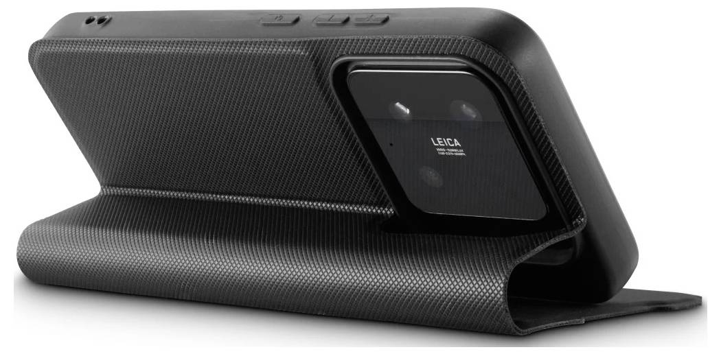 Gefaltetes schwarzes Smartphone, von hinten gezeigt, mit erhöbenem, mit Leica gekennzeichnetem Kameramodul und strukturiertem Scharnier-Design.