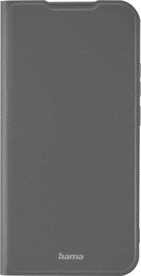 Graue Hama Smartphone-Klapphülle mit strukturierter Oberfläche und abgerundeten Kanten, geschlossen dargestellt.