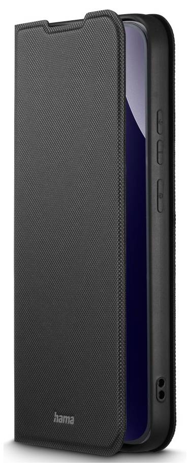 Schwarze Hama-Smartphone-Foliohülle teilweise geöffnet, zeigt ein Telefon im Inneren mit sichtbaren Seitentasten.