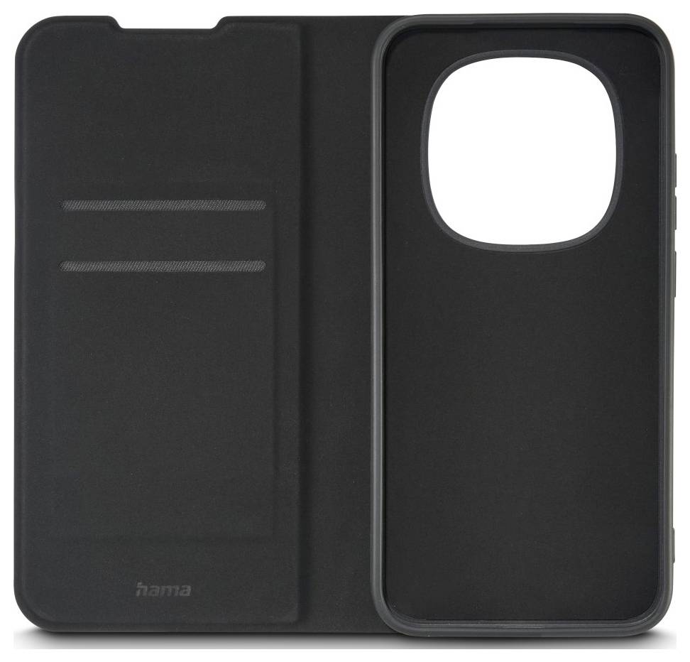 Schwarze Smartphone-Folio-Schutzhülle mit Vorderdeckel und großem Kameraausschnitt auf der Rückseite, geschlossen vor weißem Hintergrund dargestellt.