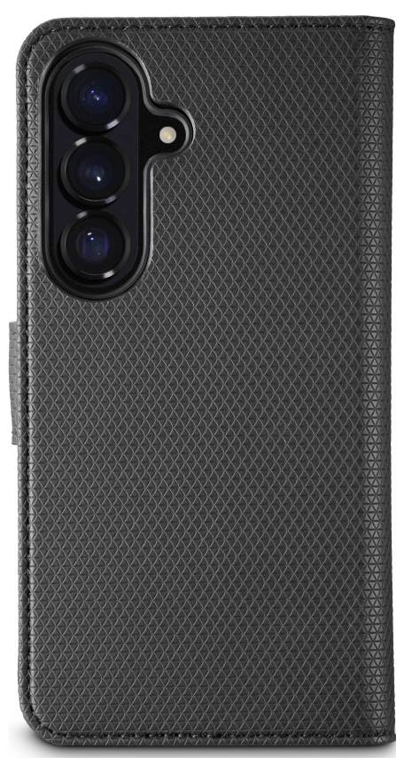 Schwarze strukturierte Smartphone-Folio-Schutzhülle mit dreifachem Kameraausschnitt und Seitenverschluss, geschlossen auf weißem Hintergrund dargestellt.