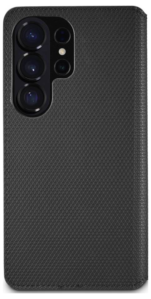 Schwarze strukturierte Smartphone-Hülle von hinten gezeigt, mit erhöhtem Ausschnitt um die Kameraobjektive und das Blitzlicht.
