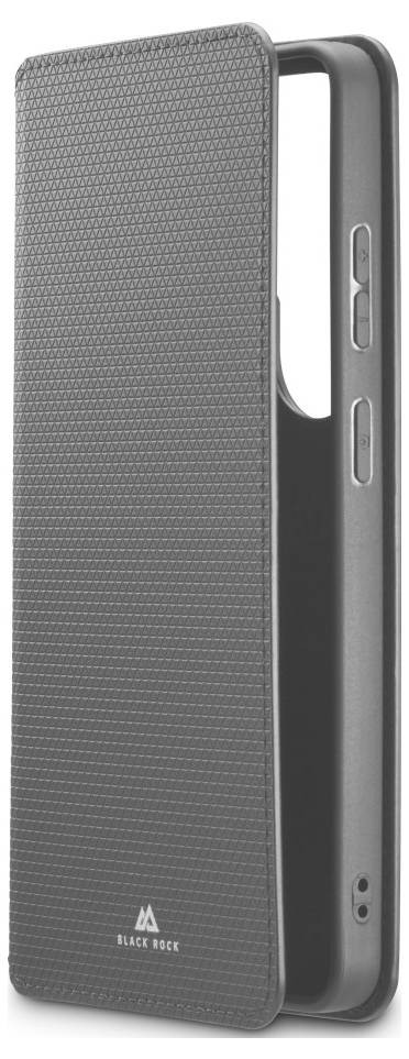 Graue strukturierte Smartphone-Folio-Schutzhülle mit Vorderdeckel und Seitentasten, geschlossen auf weißem Hintergrund gezeigt.