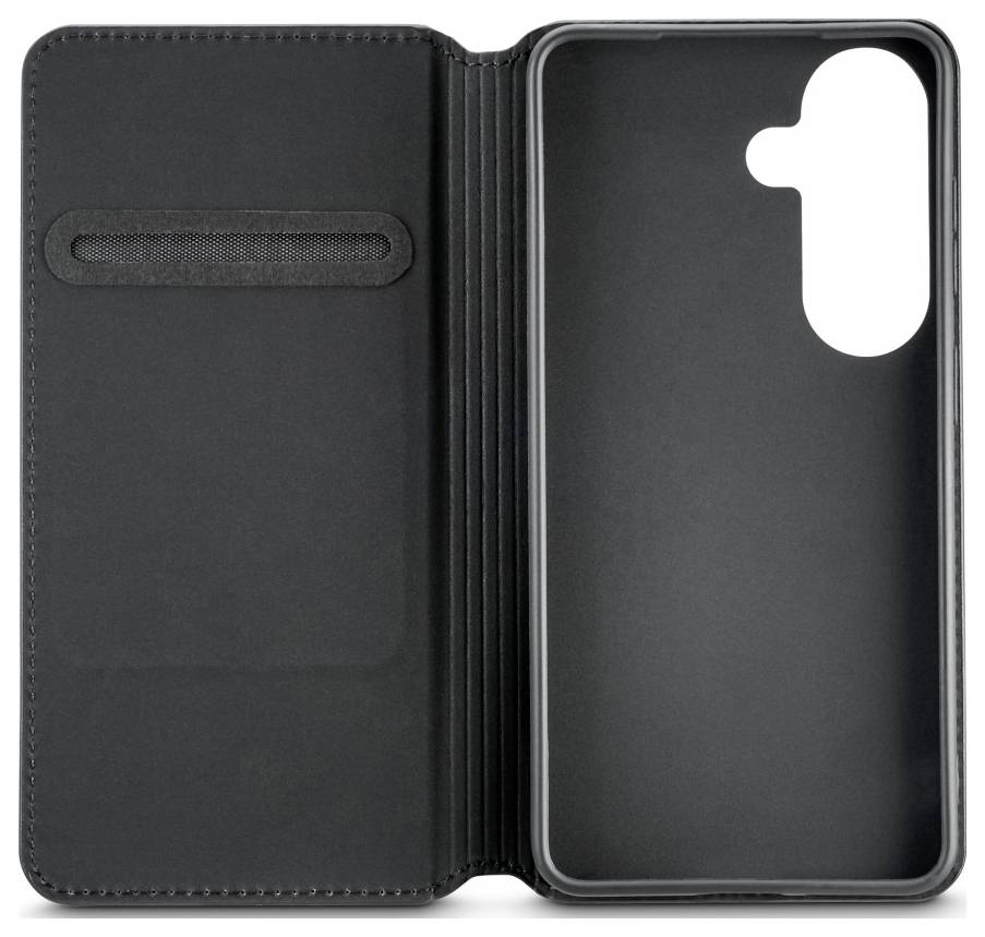 Schwarze Smartphone-Schutzhülle im Folio-Stil, flach geöffnet, zeigt Kartensteckplatz auf der einen Seite und Kameraausschnitt auf der anderen Seite.