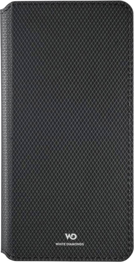 Schwarze strukturierte Handytasche mit abgerundeten Ecken und White Diamonds Logo unten