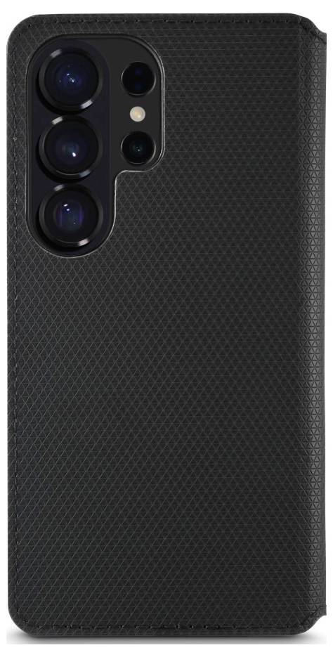 Schwarze strukturierte Smartphone-Schutzhülle mit dreifacher Kameraaussparung und Blitzöffnung oben links, von hinten betrachtet.