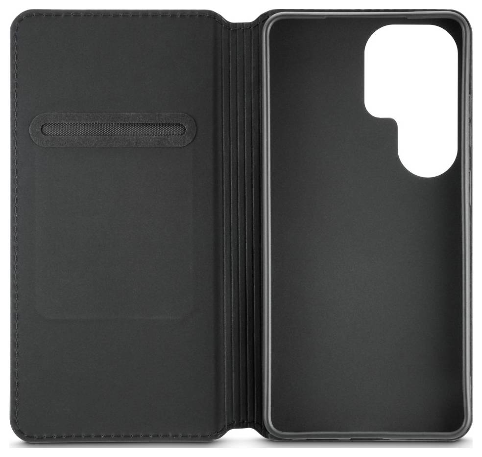 Offene schwarze Smartphone-Geldbörsen-Schutzhülle mit magnetischem Verschlussdeckel, Kartenschlitz auf der linken Innenseite und Kameraausschnitt auf der rechten Abdeckung.
