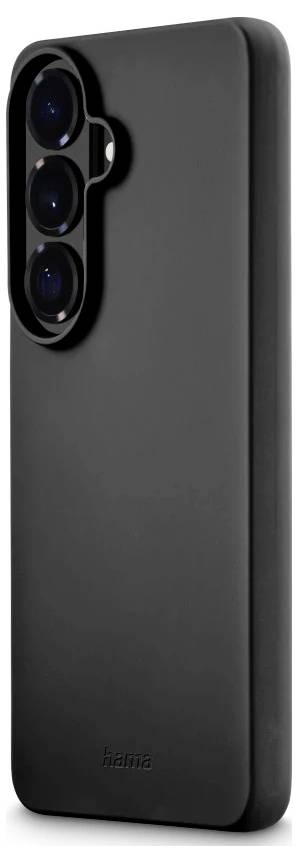 Schwarze Smartphone-Schutzhülle mit dreifachem Kameraausschnitt auf der Rückseite und erhöhten Schutzrändern.