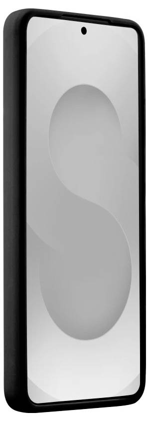 Frontansicht eines schwarzen Smartphones mit einer zentrierten Lochkamera und einem hellgrauen abstrakten Hintergrundbild.