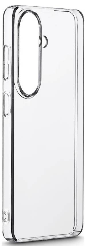 Transparente Schutzhülle für Telefon von hinten gezeigt, mit erhöhten Kanten und einem länglichen Kameraausschnitt oben links.