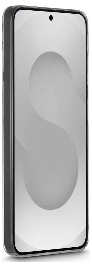 Vorderansicht eines Smartphones mit einem hellgrauen abstrakten 'S'-förmigen Hintergrundbild und zentrierter Lochkamera auf der Vorderseite.