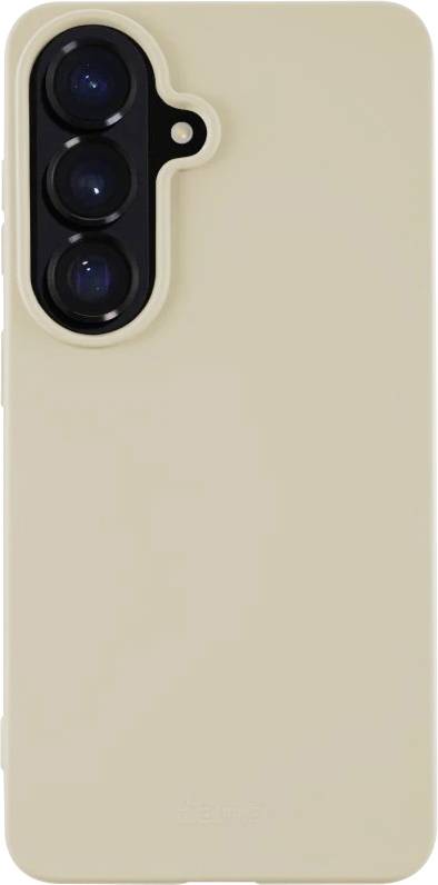 Beige-farbige Smartphone-Schutzhülle mit dreifachem Kameraausschnitt auf der Rückseite und erhöhtem Schutzrand.