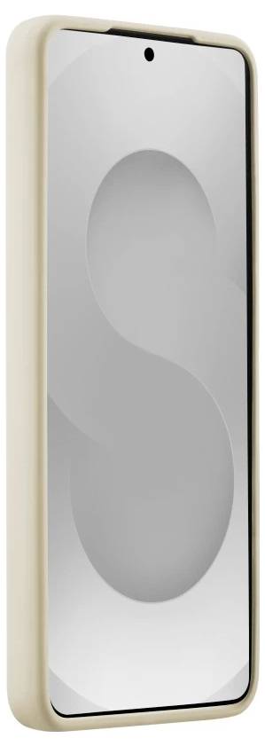 Ein Smartphone mit beigefarbenem Rahmen mit leerem grauem Bildschirm, aufrecht dargestellt.