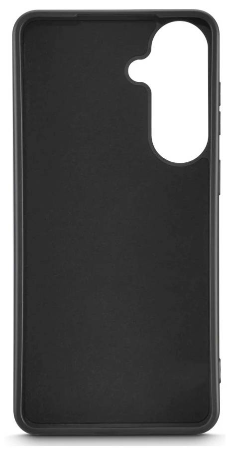 Schwarze Smartphone-Schutzhülle mit großem Kameraausschnitt auf der Rückseite, Vorderansicht auf weißem Hintergrund.