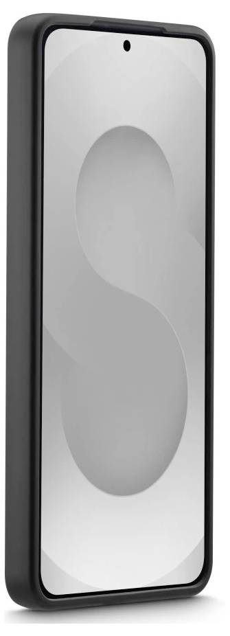 Großes schwarzgerahmtes Smartphone mit überwiegend leerem hellem Bildschirm und subtiler grauer abstrakter S-förmiger Grafik.